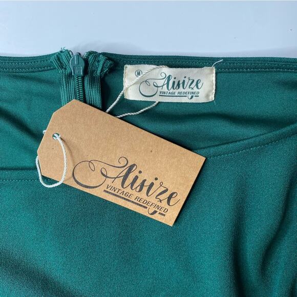 Green Ruffle Dress One Shoulder MIDI Modest Gown Holiday Wedding Guest K26 - Picture 3 of 10